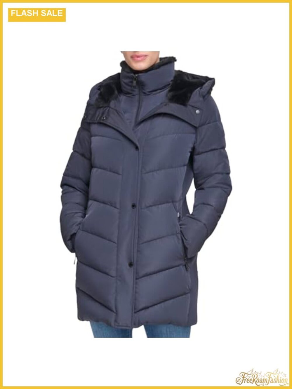 CK Long Quilted Jacket Faux Sherpa Lined Hood & Inset Bib